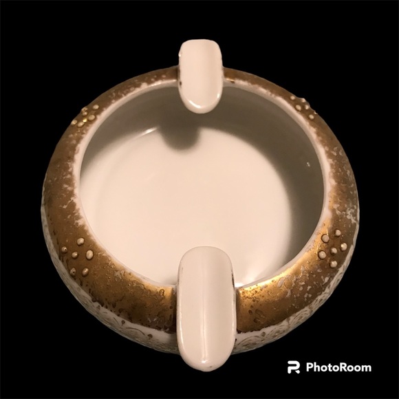 Vintage Rare Lefton Hand-Painted Gold Trim Ashtray Petite Gilded w/White Stones - Picture 2 of 10